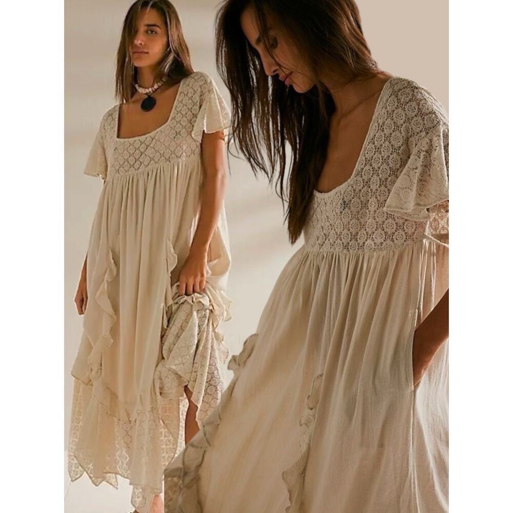 Free People Ethereal Bohemian Bring The Romance Midi Maxi Dress Ivory XS